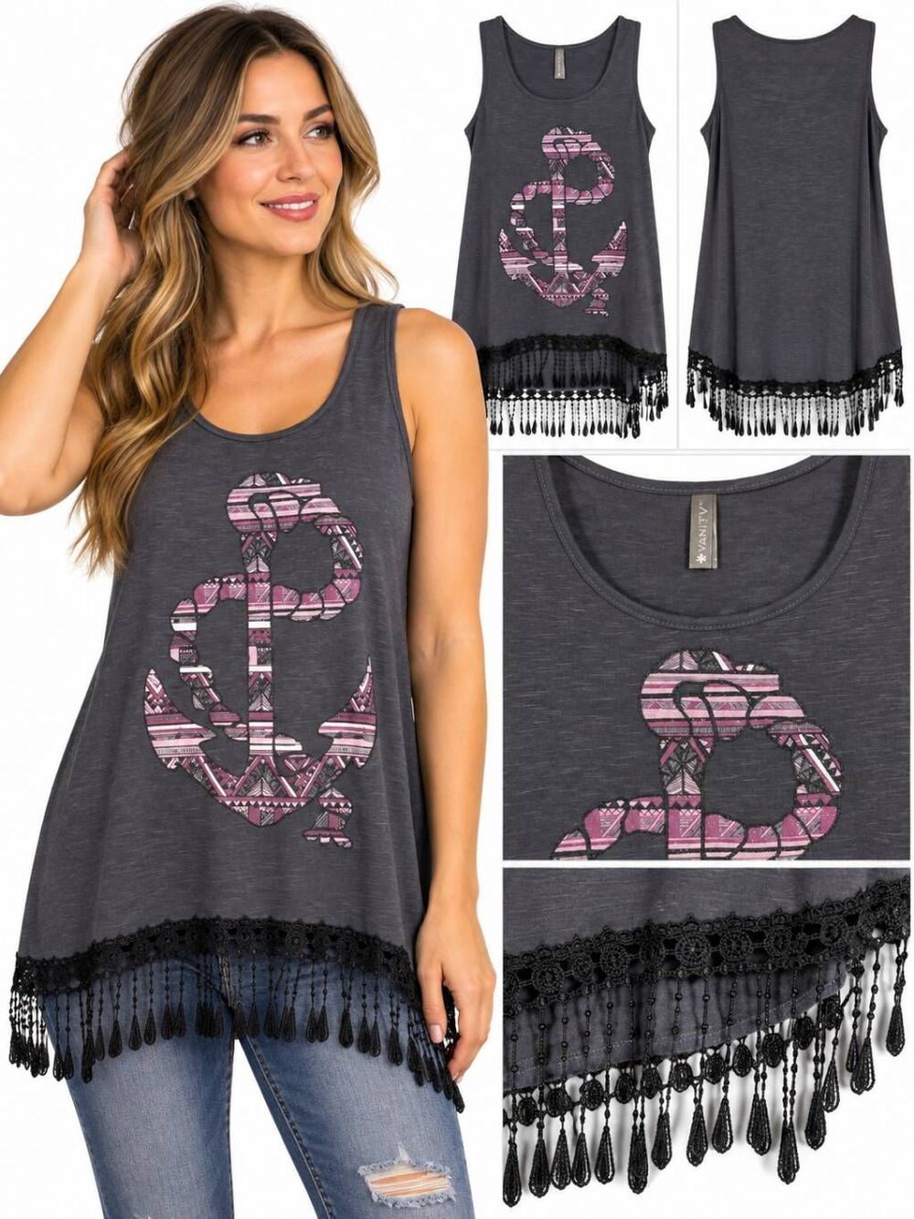 Vanity Gray Anchor Fringe Tank Top Size S